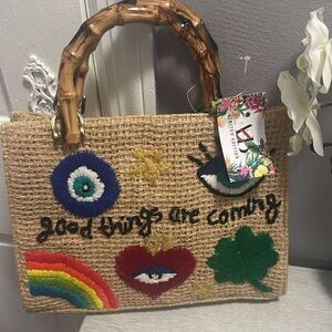 Tan and Blue Woven Tote Bag with Playful Embellishments